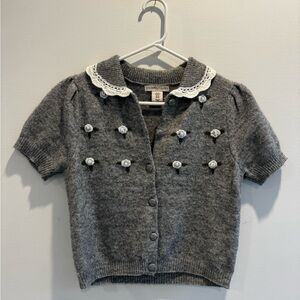 Sincerely Jules Gray Short-Sleeve Cardigan with Lace Collar